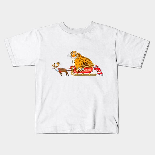 Meme fat tiger in Santa's sleigh / Year of the Tiger /New Year 2022/ Tiger 2022 Kids T-Shirt by SafSafStore